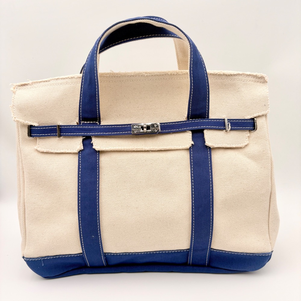 Sunwin Canvas Tote Bag Cream Blue Raw Edge Turn-Lock Satchel Large Nautical